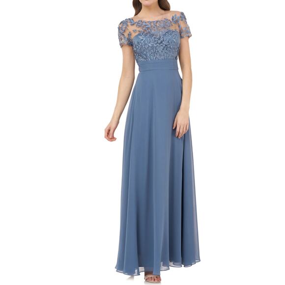 JS Collections Lace and Chiffon Evening Gown Blue Size 4 Short Sleeve Formal - Picture 11 of 13